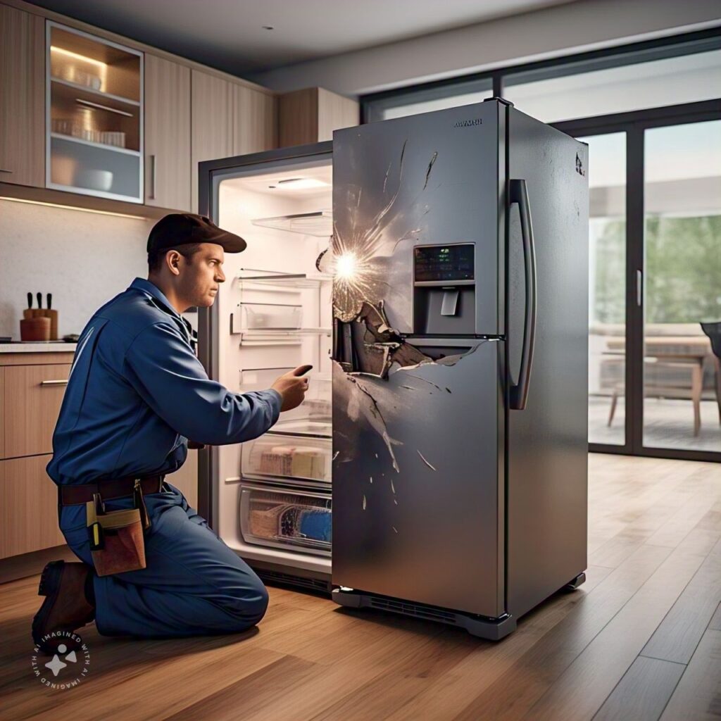 "Expert fridge repair technician in Sharjah fixing a refrigerator."